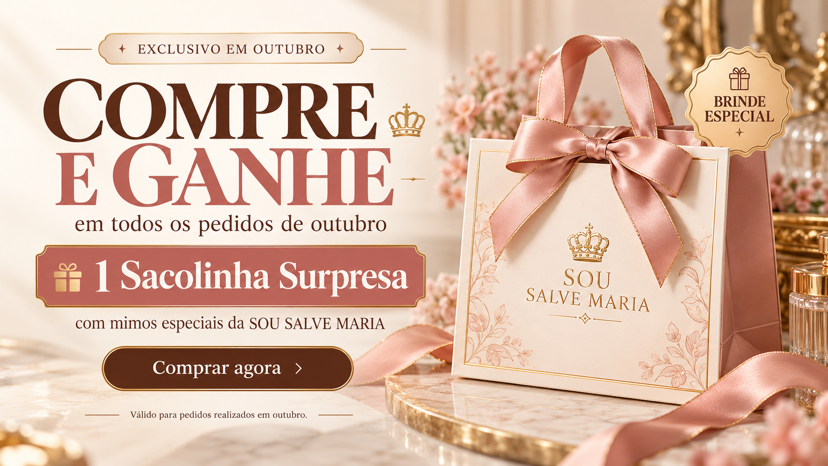 Sacolinha de luxo SOU SALVE MARIA em creme e dourado, com laço rosé e coroa