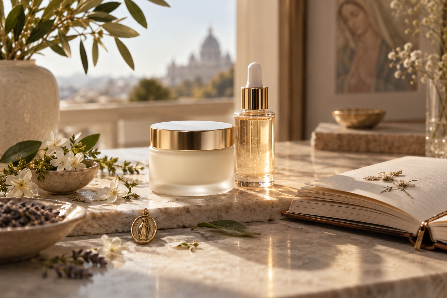 Cosméticos elegantes ao lado de elementos sutis da fé católica