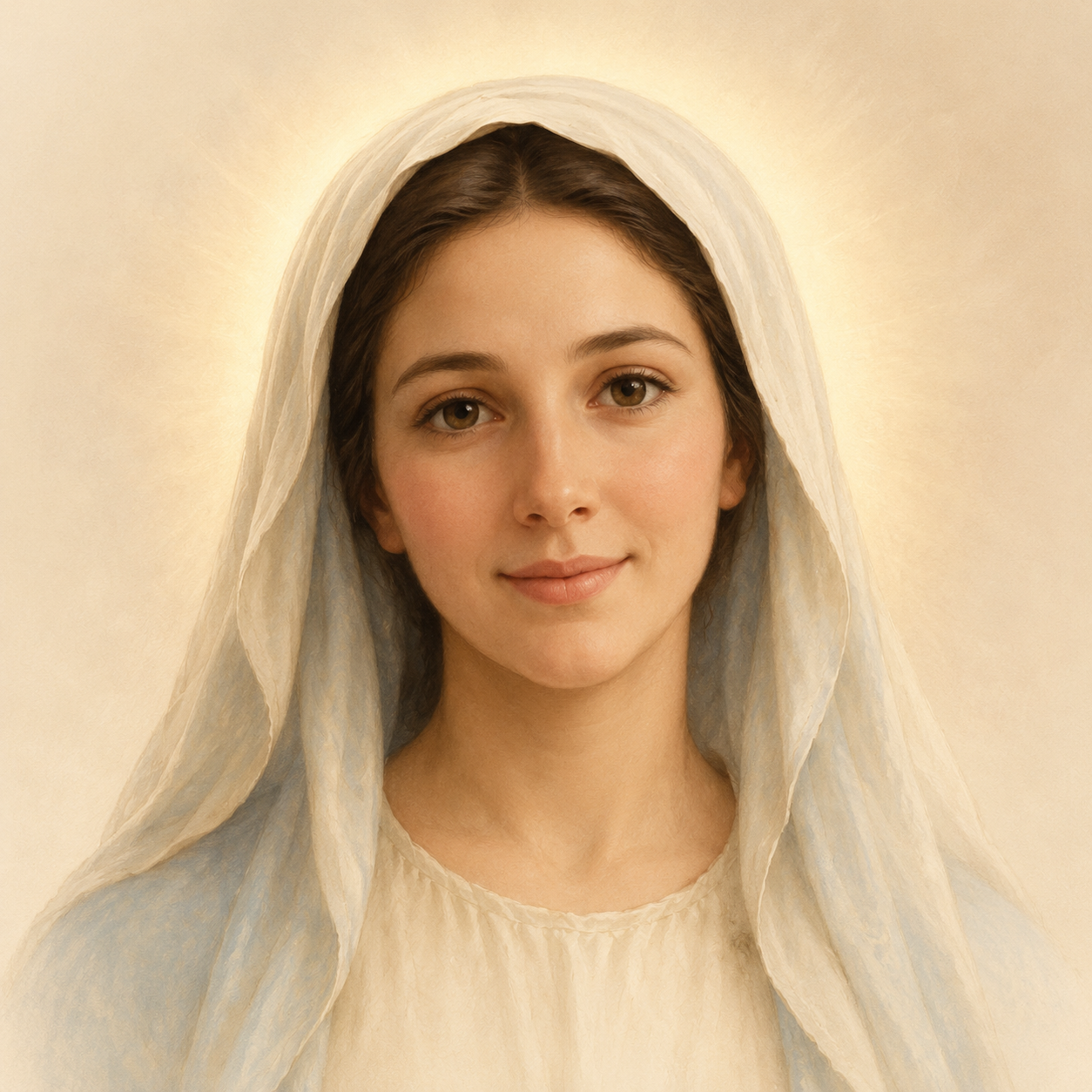Representação de Maria em tons claros e dourados